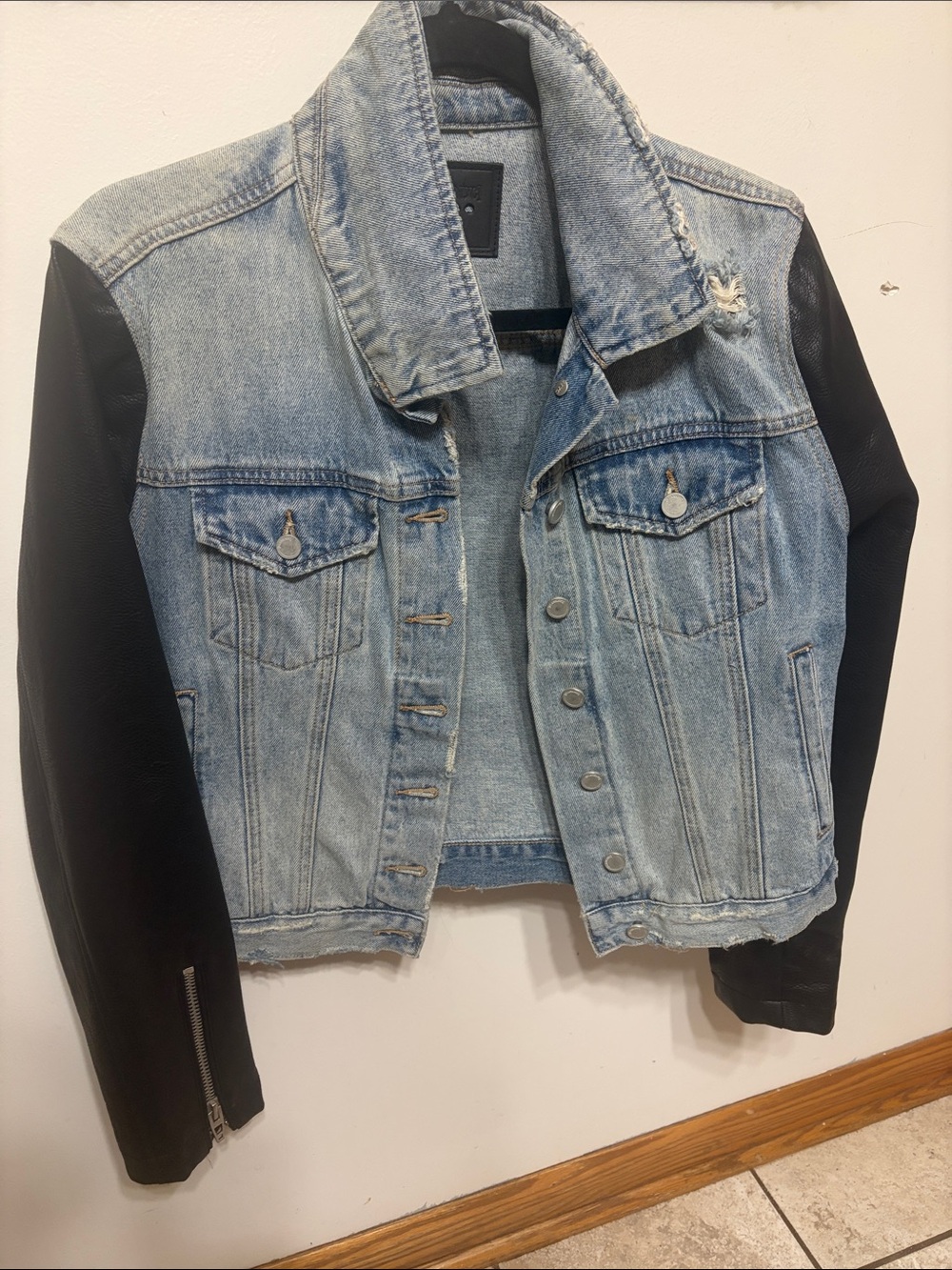 Blank NYC Light Blue Denim Jacket with Black Faux-Leather Sleeves